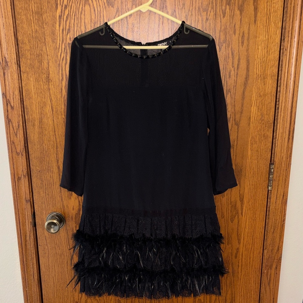 DKNY Black Long Sleeve Feather Dress - Picture 2 of 7